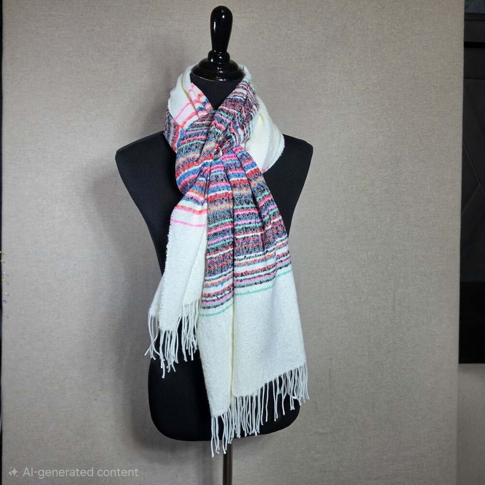 GAP Scarf Shawl White Pink Stipe Fringe 82x24in Model Blend Blanket Wrap OS New
